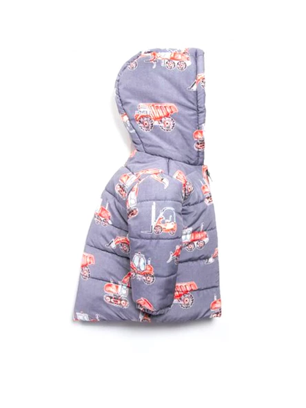 Yeni Trend Kepçe & Kamyonet Desenli Polar Astarlı Kapüşonlu Kışlık İçi Peluş Erkek Bebek Mont Şişme - 9