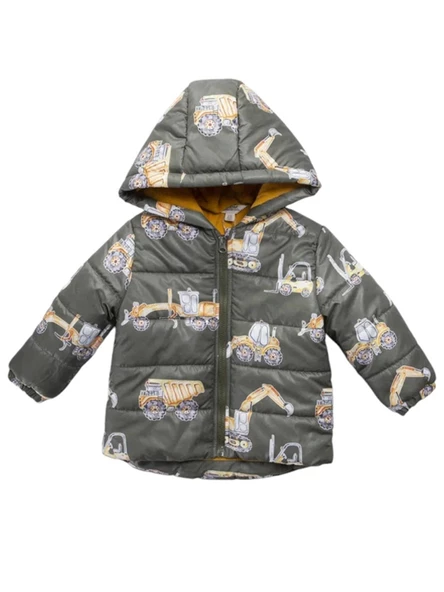 Yeni Trend Kepçe & Kamyonet Desenli Polar Astarlı Kapüşonlu Kışlık İçi Peluş Erkek Bebek Mont Şişme - 2