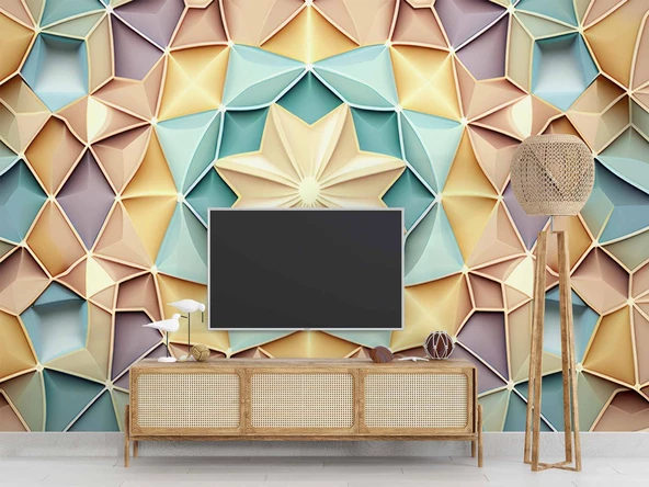 Renkli Geometrik Desenli Renkli Duvar Kağıdı Baskı - 3
