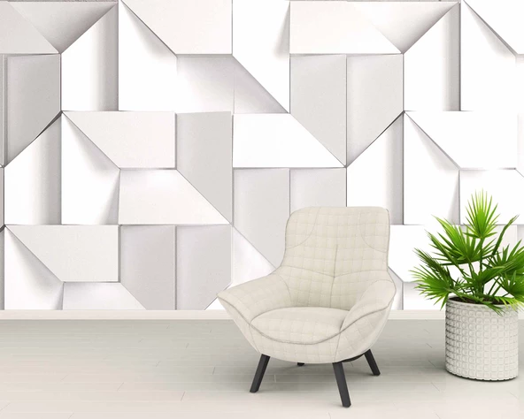 3 Boyutlu Beyaz Geometrik Kabartma Görünümlü Duvar Kağıdı Baskı - Resim 6