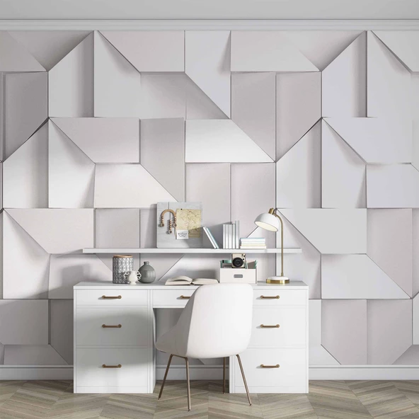 3 Boyutlu Beyaz Geometrik Kabartma Görünümlü Duvar Kağıdı Baskı - Resim 4