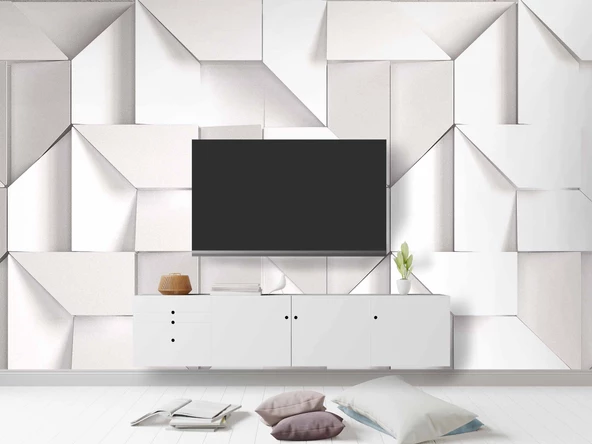 3 Boyutlu Beyaz Geometrik Kabartma Görünümlü Duvar Kağıdı Baskı - Resim 3