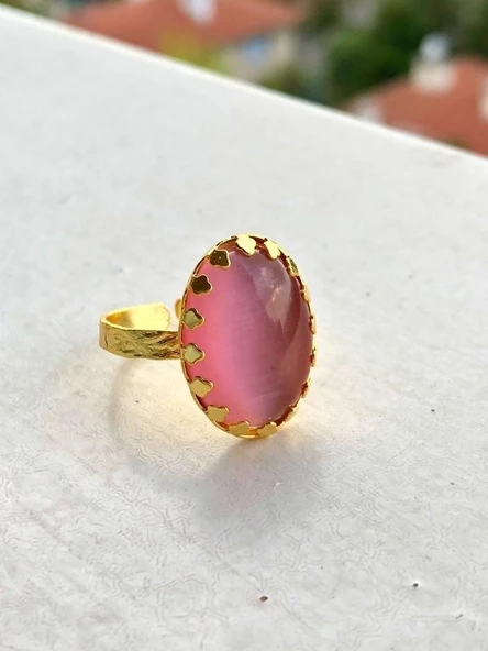 PEMBE KEDİ GÖZÜ TAŞI ORJİNAL DOĞALTAŞ ALTIN KAPLAMA AYARLANABİLİNİR YÜZÜK-DOĞALTAŞYÜZÜK12 - 2