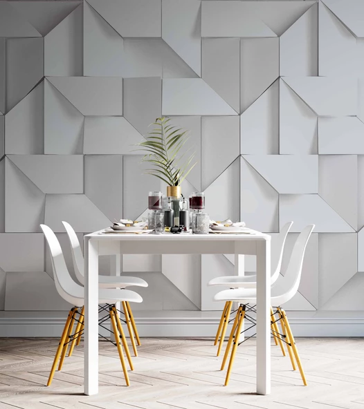 3 Boyutlu Beyaz Geometrik Kabartma Görünümlü Duvar Kağıdı Baskı - Resim 5