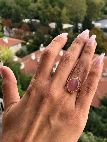 PEMBE KEDİ GÖZÜ TAŞI ORJİNAL DOĞALTAŞ ALTIN KAPLAMA AYARLANABİLİNİR YÜZÜK-DOĞALTAŞYÜZÜK12 - 6