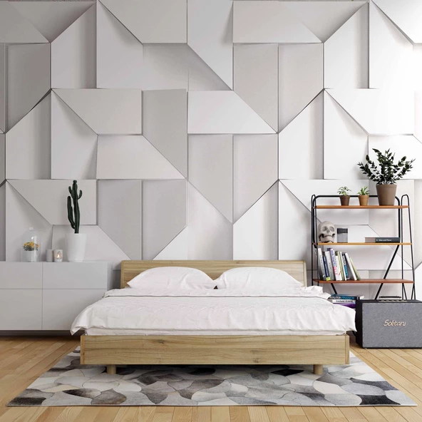 3 Boyutlu Beyaz Geometrik Kabartma Görünümlü Duvar Kağıdı Baskı - Resim 2