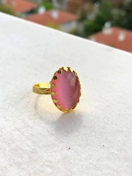 PEMBE KEDİ GÖZÜ TAŞI ORJİNAL DOĞALTAŞ ALTIN KAPLAMA AYARLANABİLİNİR YÜZÜK-DOĞALTAŞYÜZÜK12 - 4