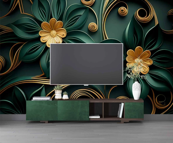 Gold-Zümrüt Yeşili Çiçek Temalı Duvar Kağıdı Baskı - Resim 3