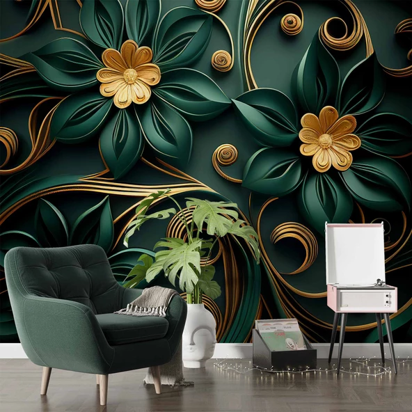 Gold-Zümrüt Yeşili Çiçek Temalı Duvar Kağıdı Baskı - Resim 6