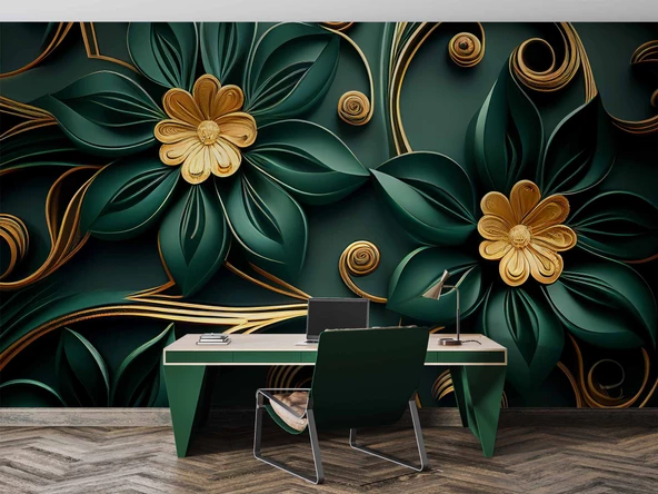 Gold-Zümrüt Yeşili Çiçek Temalı Duvar Kağıdı Baskı - Resim 4