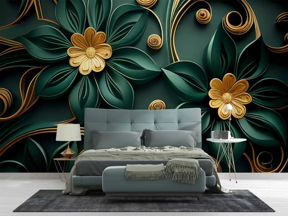 Gold-Zümrüt Yeşili Çiçek Temalı Duvar Kağıdı Baskı - Resim 2