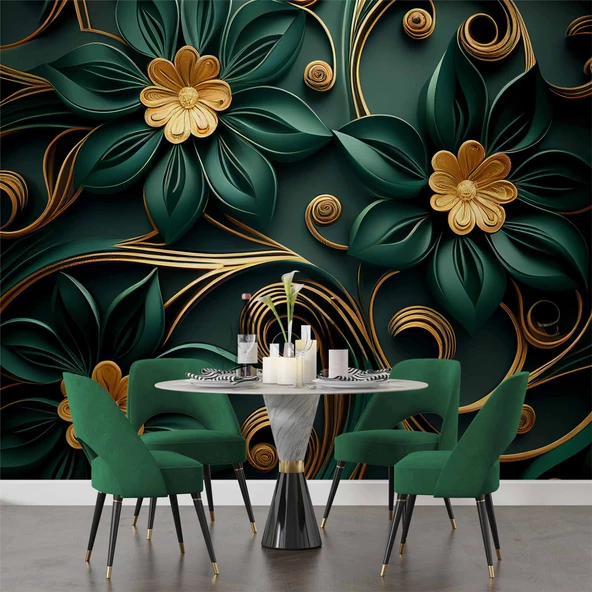 Gold-Zümrüt Yeşili Çiçek Temalı Duvar Kağıdı Baskı - Resim 5