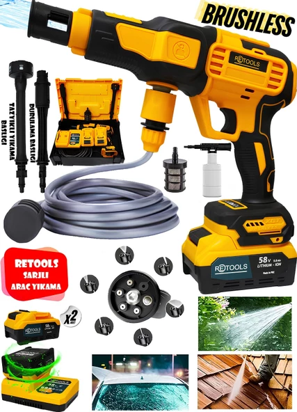 RETOOLS SÜPER ŞARJLI YÜKSEK BASINÇLI ARAÇ YIKAMA MAKİNESİ: KÖMÜRSÜZ MOTOR MAKSİMUM GÜÇ!