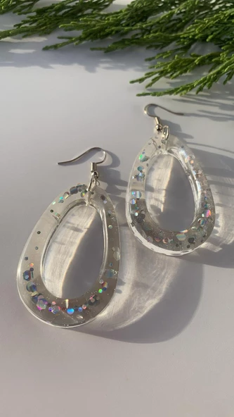 Şeffaf Epoksi İçinde Gümüş Glitter Süs Gümüş Aksesuarlı Damla İçi Boş Şekil Küpe El Yapımı - 7