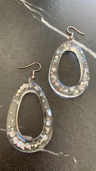 Şeffaf Epoksi İçinde Gümüş Glitter Süs Gümüş Aksesuarlı Damla İçi Boş Şekil Küpe El Yapımı - 8