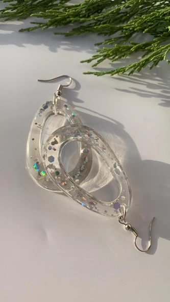 Şeffaf Epoksi İçinde Gümüş Glitter Süs Gümüş Aksesuarlı Damla İçi Boş Şekil Küpe El Yapımı