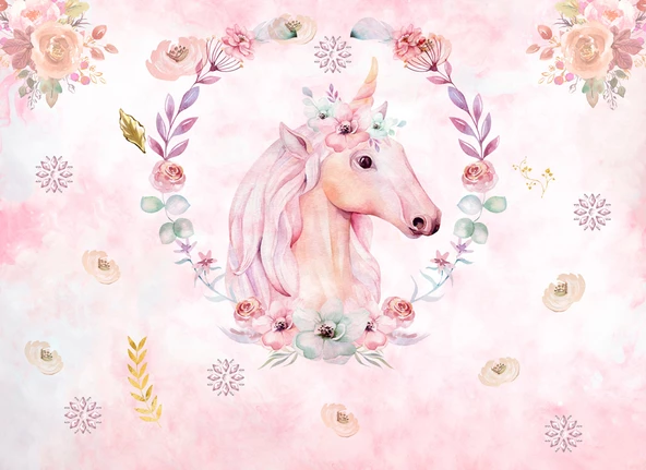 PS 1020 - 400cm x 260cm - Pembe Unicorn ve Çiçek Çemberi Temalı Çocuk Odası Poster Duvar Kağıdı