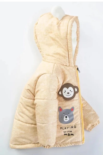 Yeni Hayvan Desenli Kulaklı Soft Kumaş Fermuarlı Kapüşonlu Kışlık İçi Peluş Erkek Bebek Mont Şişme - 3
