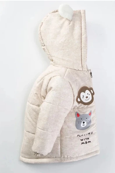 Yeni Hayvan Desenli Kulaklı Soft Kumaş Fermuarlı Kapüşonlu Kışlık İçi Peluş Erkek Bebek Mont Şişme - 6