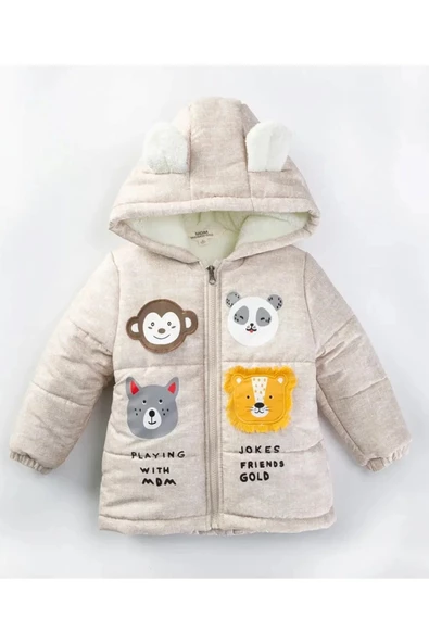 Yeni Hayvan Desenli Kulaklı Soft Kumaş Fermuarlı Kapüşonlu Kışlık İçi Peluş Erkek Bebek Mont Şişme - 2