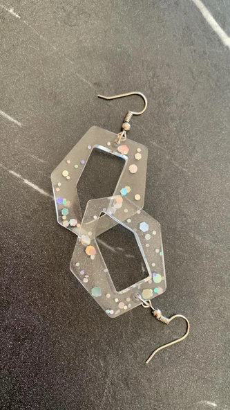 Şeffaf Epoksi İçinde Gümüş Glitter Süs Gümüş Aksesuarlı Altıgen Şekil Küpe El Yapımı - Resim 7