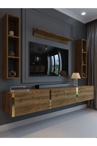 Myniture Home & Living Festival Tv Ünitesi G13008-2 İstanbul Ceviz Gold Duvara Monte tv sehpası
