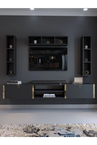 Myniture Home & Living Festival Tv Ünitesi G13006-4 Antrasit Gold Duvara Monte tv sehpası - Resim 2