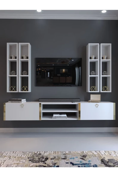 Myniture Home & Living Festival Tv Ünitesi G13001-1 Beyaz Parlak Gold Duvara Monte tv sehpası - Resim 2