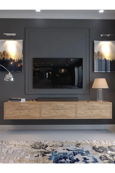 Myniture Home & Living Festival Tv Sehpası DV-1001-P1-6 Silver Kulp Çam Minifiks Bağlantı Duvara Monte Tv Ünitesi - Resim 2