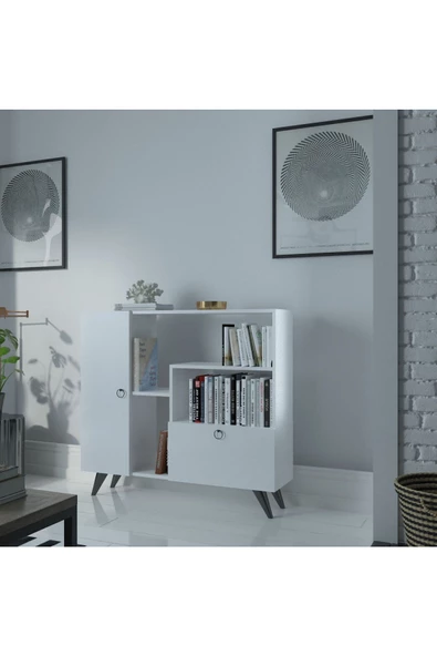 Myniture Home & Living Festival Çok Raflı 2 Dolaplı Kitaplık Modern Ayaklı Kitaplık Beyaz