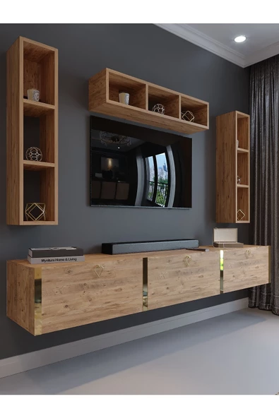 Myniture Home & Living Festival Tv Ünitesi G13007-6 Atlantik Çam Gold Duvara Monte tv sehpası ürün görseli 1