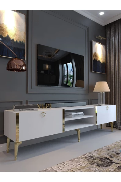 Myniture Home & Living Festival Tv Sehpası G3830-1-Y1-P1 Beyaz Gold Metal Kulp