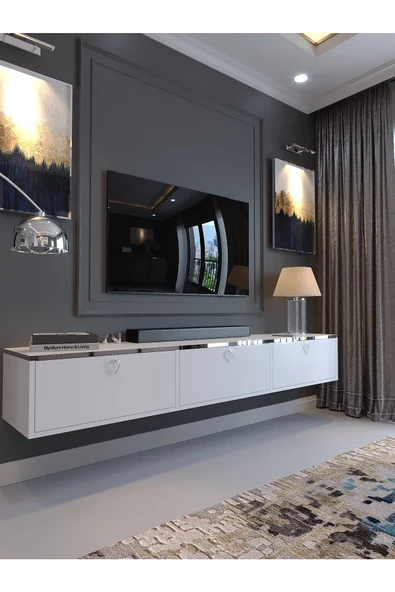 Myniture Home & Living Festival Tv Sehpası DV-Q17-SPVC-1 Silver Beyaz Parlak Minifiks Bağlantı Duvara Monte Tv Ünitesi ürün görseli 1