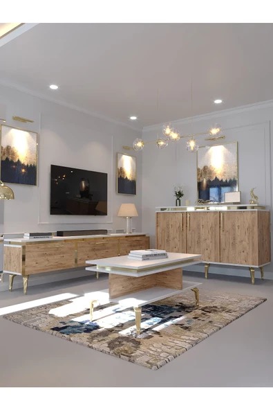 Myniture Home & Living Festival Tv Sehpası - Konsol - Orta Sehpa Beyaz Çam Gold G-SET-4-1-6