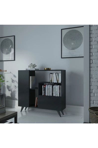 Myniture Home & Living Festival Çok Raflı 2 Dolaplı Kitaplık Modern Ayaklı Kitaplık Antrasit