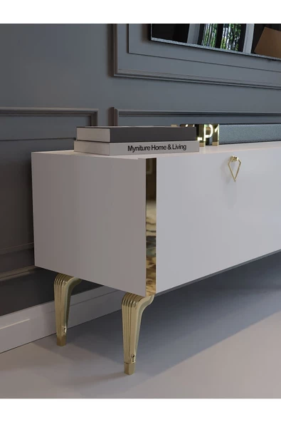Myniture Home & Living Festival Tv Sehpası G3817-1-Y1-P1 Beyaz Gold Metal Kulp - Resim 4