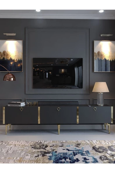 Myniture Home & Living Festival Tv Sehpası G3817-4-Y1-P1 Antrasit Gold Metal Kulp - 2