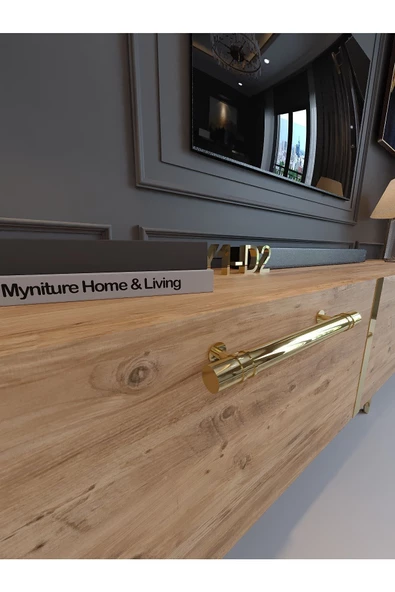Myniture Home & Living Festival Tv Sehpası G3817-6-Y1-D2 Çam Gold Metal Kulp - Resim 4