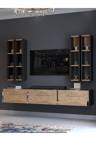 Myniture Home & Living Festival Tv Ünitesi S13002-4-6 Antrasit  A. Çam Silver Duvara Monte tv sehpası - Resim 3