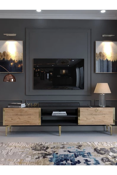 Myniture Home & Living Festival Tv Sehpası G3830-4-6-Y1-P1 Ant. Çam Gold Metal Kulp - Resim 2