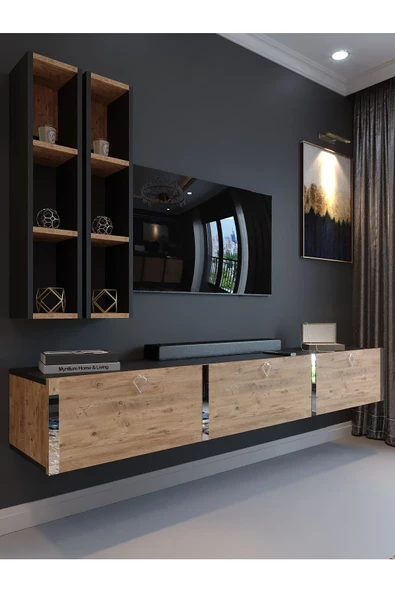 Myniture Home & Living Festival Tv Ünitesi S13003-4-6 Antrasit  A. Çam Silver Duvara Monte tv sehpası