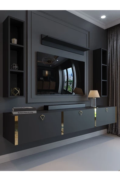 Myniture Home & Living Festival Tv Ünitesi G13008-4 Antrasit Gold Duvara Monte tv sehpası ürün görseli 1