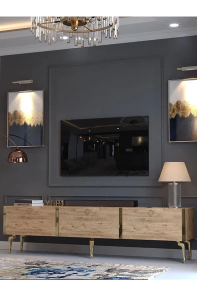 Myniture Home & Living Festival Tv Sehpası G3817-6-Y1-P1 Çam Gold Metal Kulp - Resim 3