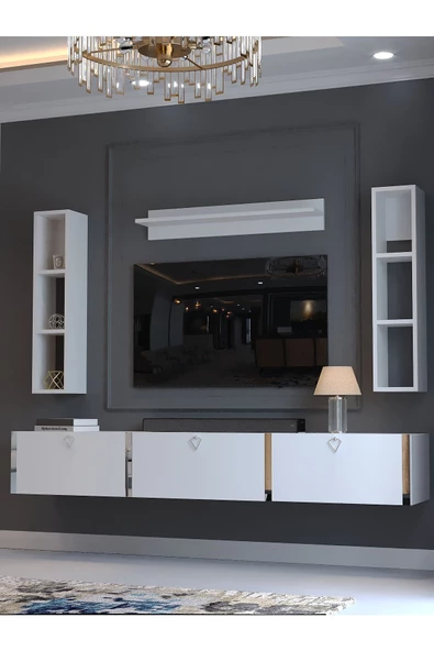 Myniture Home & Living Festival Tv Ünitesi S13008-1 Beyaz Parlak Silver Duvara Monte tv sehpası - Resim 3