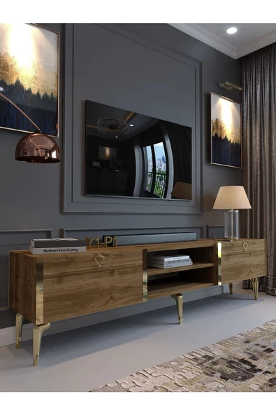 Myniture Home & Living Festival Tv Sehpası G3830-2-Y1-P1 Ceviz Gold Metal Kulp