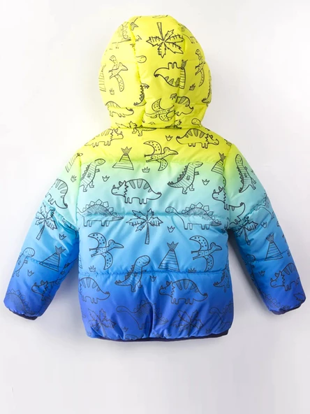 Sevimli Dinazor Baskılı Cepli İç Astarı Polarlı Kapüşon Kışlık İçi Peluş Erkek Bebek Mont Şişme - 8