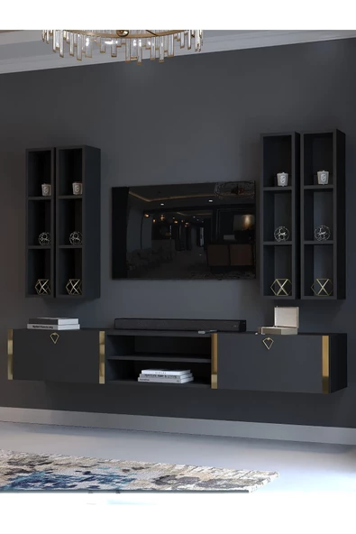 Myniture Home & Living Festival Tv Ünitesi G13001-4 Antrasit Gold Duvara Monte tv sehpası - Resim 3