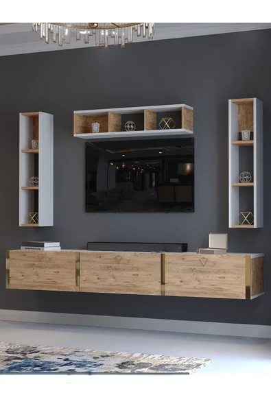 Myniture Home & Living Festival Tv Ünitesi G13007-1-6 Beyaz Atlantik Çam Gold Duvara Monte tv sehpası - Resim 3