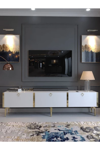Myniture Home & Living Festival Tv Sehpası G3817-1-Y1-P1 Beyaz Gold Metal Kulp - Resim 2