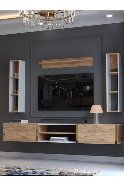 Myniture Home & Living Festival Tv Ünitesi G13009-1-6 Beyaz Atlantik Çam Gold Duvara Monte tv sehpası - Resim 3